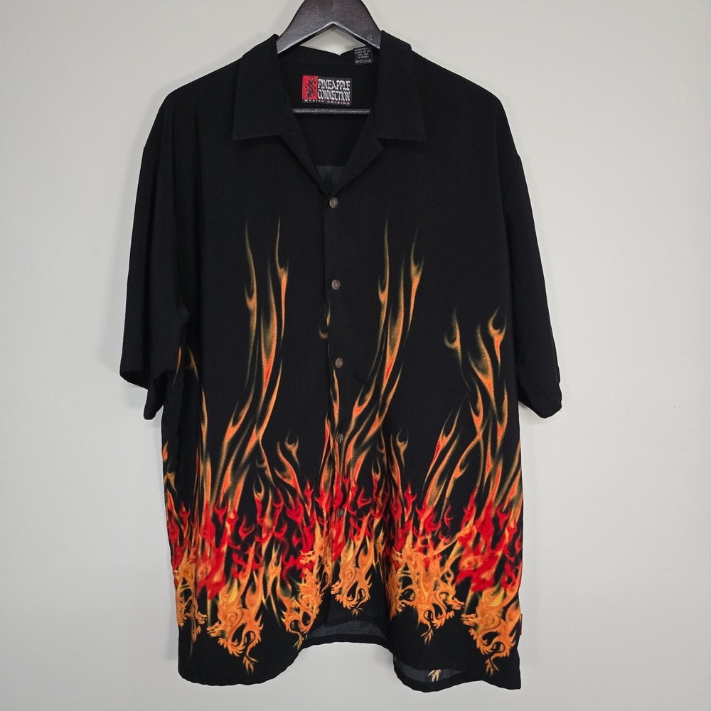 Pineapple Connection Flame Dragon Shirt Mens XL Black Fire Y2K Streetwear
